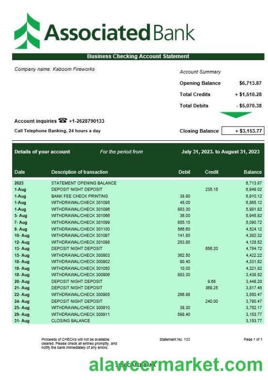 Associated Bank business statement Word and PDF template